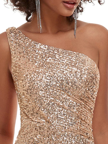 Wholesa Sequined Long One-Shoulder Evening Dress with Split