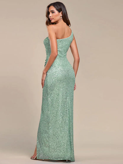 Wholesa Sequined Long One-Shoulder Evening Dress with Split