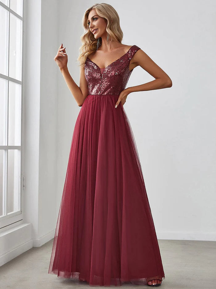 Wholesa Stunning High Waist Tulle & Sequin Sleeveless Evening Dress