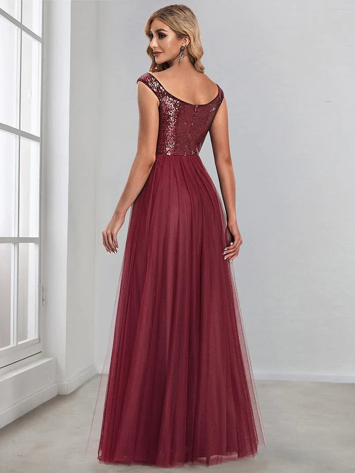 Wholesa Stunning High Waist Tulle & Sequin Sleeveless Evening Dress