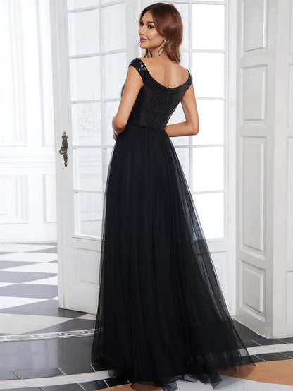 Wholesa Stunning High Waist Tulle & Sequin Sleeveless Evening Dress