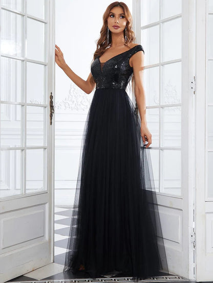 Wholesa Stunning High Waist Tulle & Sequin Sleeveless Evening Dress