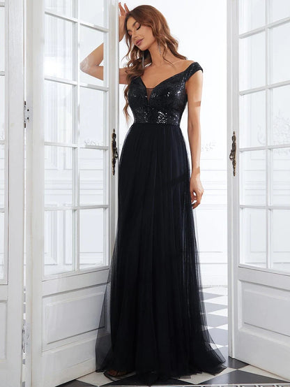 Wholesa Stunning High Waist Tulle & Sequin Sleeveless Evening Dress