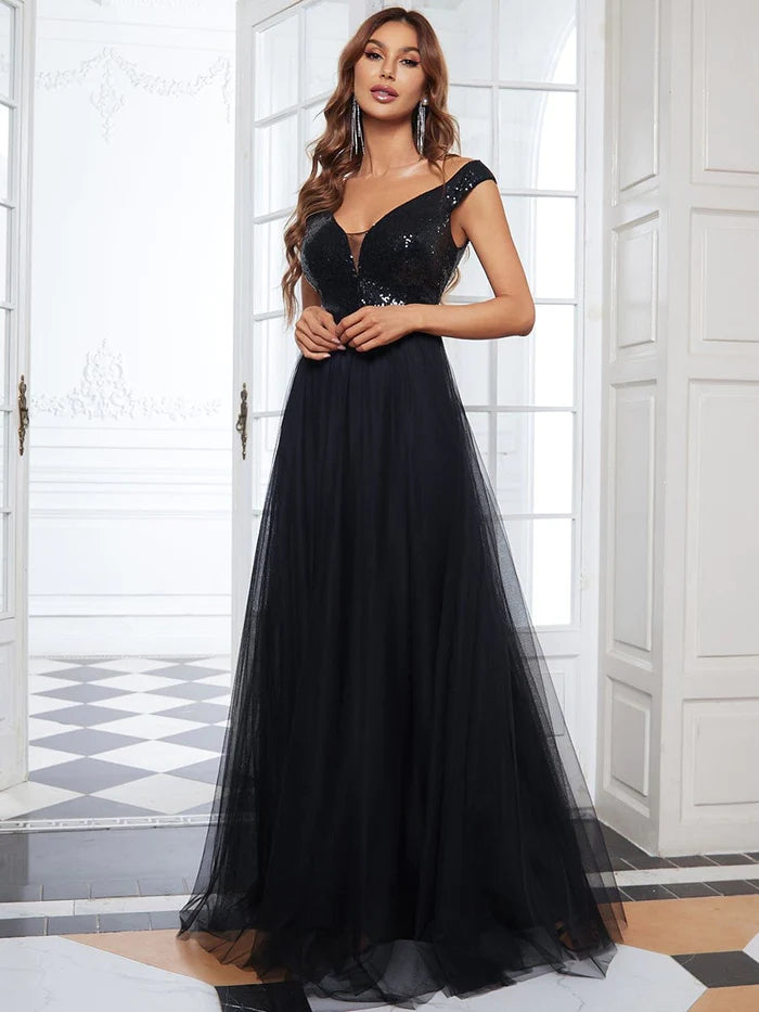 Wholesa Stunning High Waist Tulle & Sequin Sleeveless Evening Dress