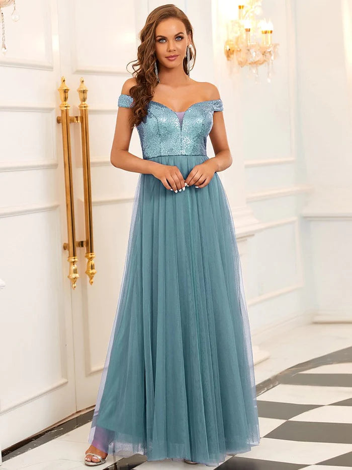 Wholesa Stunning High Waist Tulle & Sequin Sleeveless Evening Dress