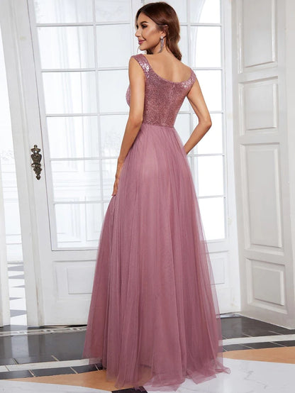 Wholesa Stunning High Waist Tulle & Sequin Sleeveless Evening Dress