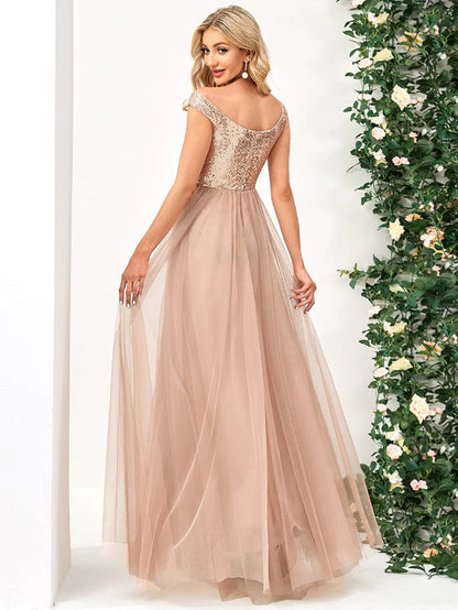 Wholesa Stunning High Waist Tulle & Sequin Sleeveless Evening Dress