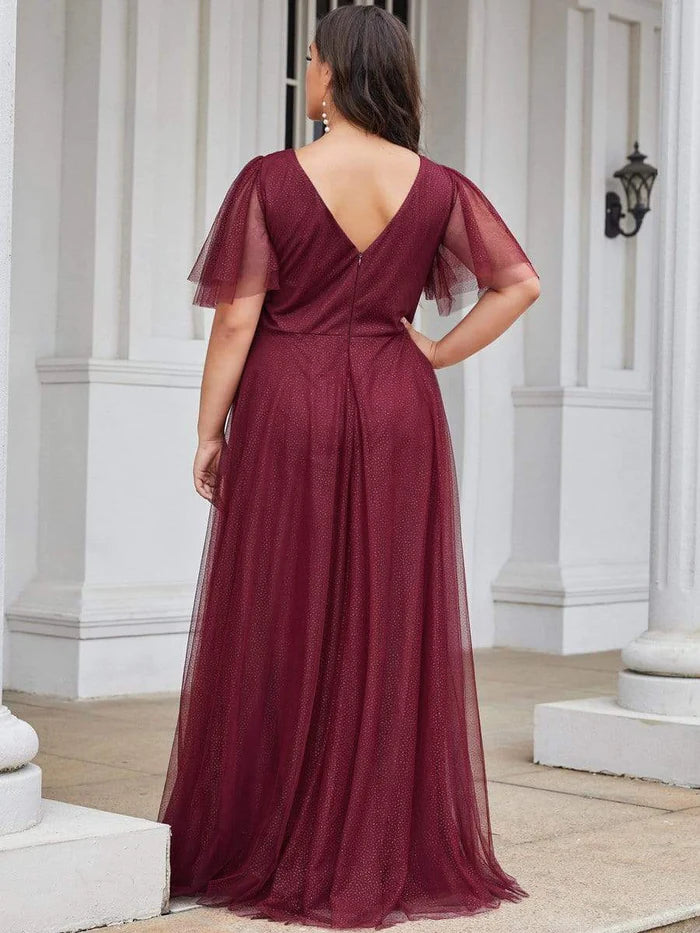 Wholesa Romantic Plus Size Tulle Evening Dress with Deep V Neck