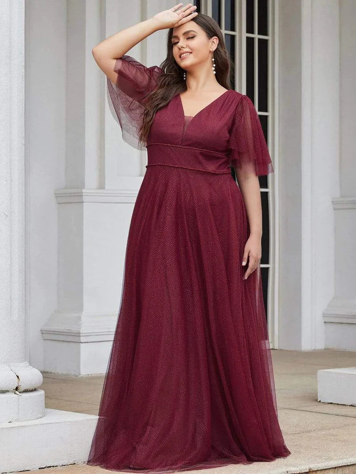 Wholesa Romantic Plus Size Tulle Evening Dress with Deep V Neck