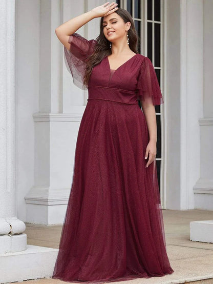 Wholesa Romantic Plus Size Tulle Evening Dress with Deep V Neck