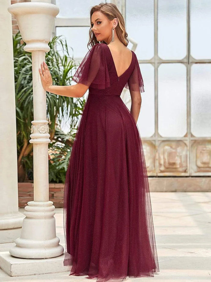 Wholesa Cute Deep V Neck A-Line Tulle Long Wedding Guest Dress