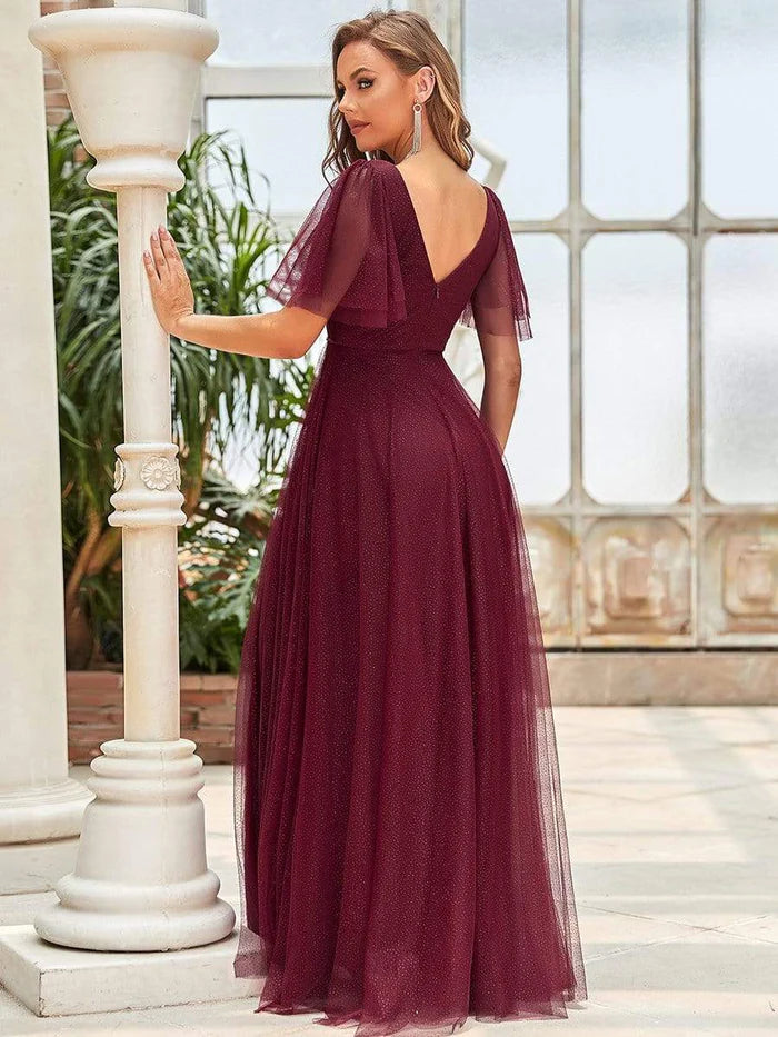 Wholesa Romantic V Neck Tulle Evening Dress with Ruffle Sleeves