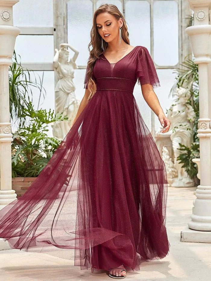 Wholesa Cute Deep V Neck Maxi A-Line Tulle Evening Dress