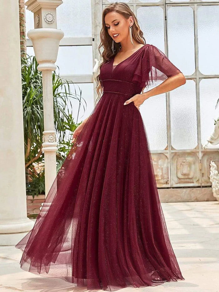 Wholesa Romantic V Neck Tulle Evening Dress with Ruffle Sleeves