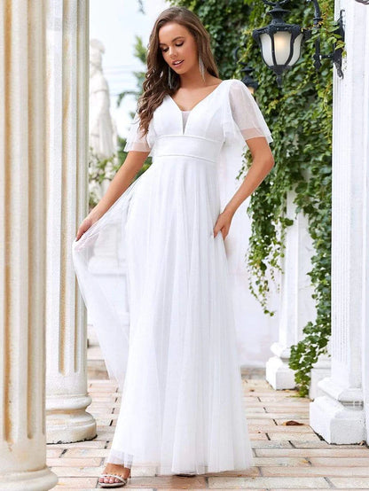 Wholesa Cute Deep V Neck A-Line Tulle Long Wedding Guest Dress