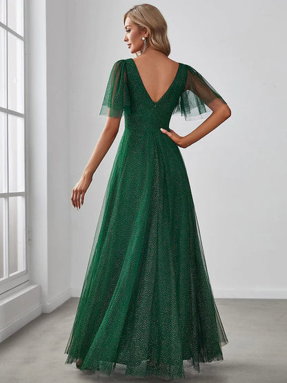 Wholesa Cute Deep V Neck A-Line Tulle Long Wedding Guest Dress