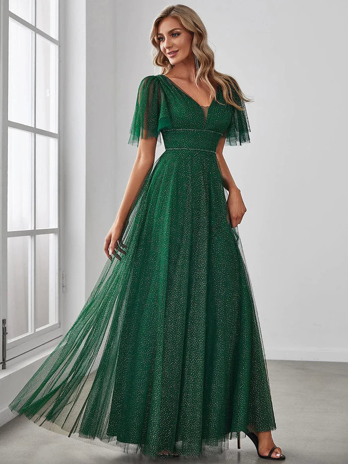 Wholesa Cute Deep V Neck A-Line Tulle Long Wedding Guest Dress