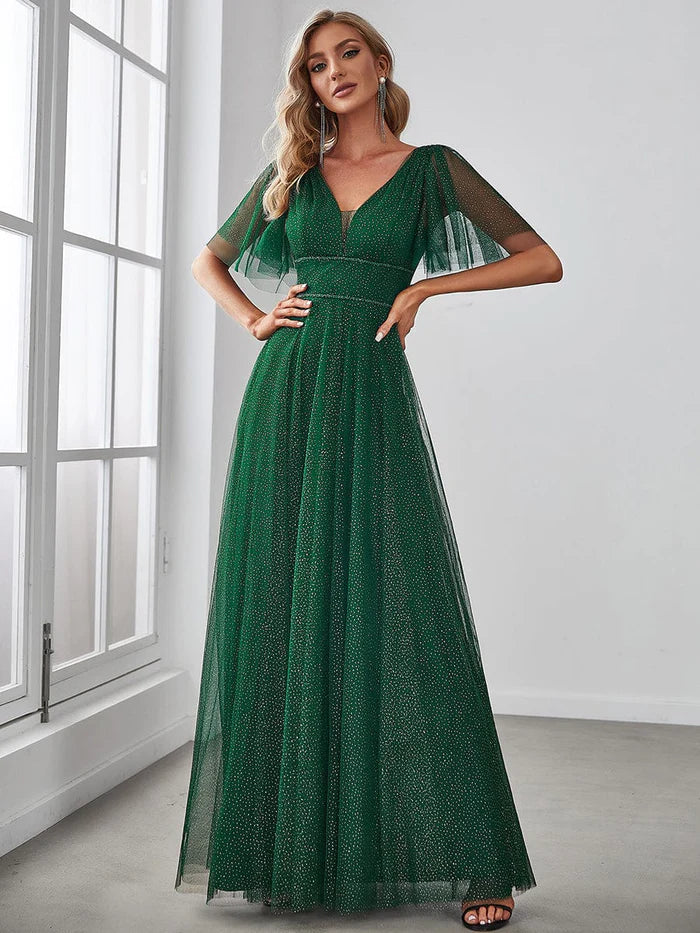 Wholesa Cute Deep V Neck Maxi A-Line Tulle Evening Dress