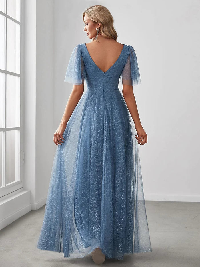 Wholesa Cute Deep V Neck Maxi A-Line Tulle Evening Dress