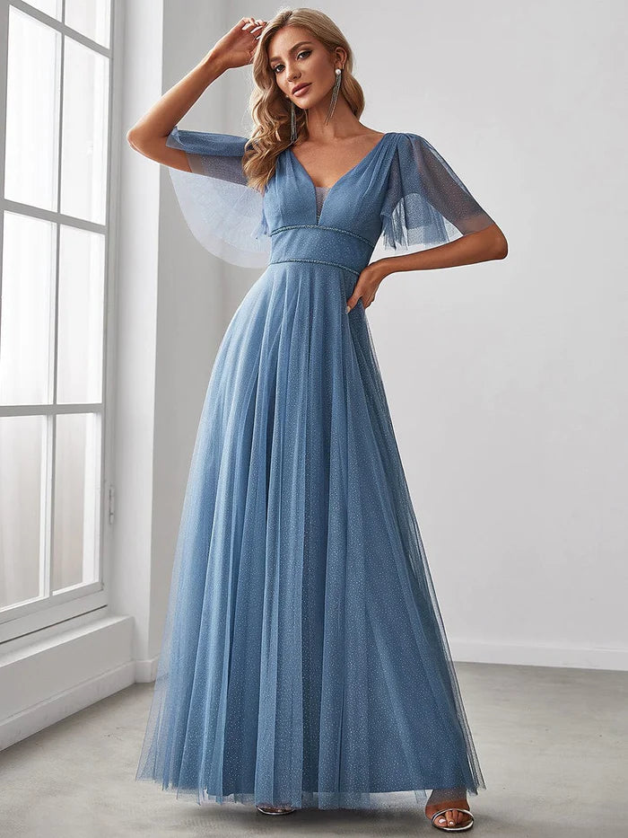 Wholesa Cute Deep V Neck Maxi A-Line Tulle Evening Dress