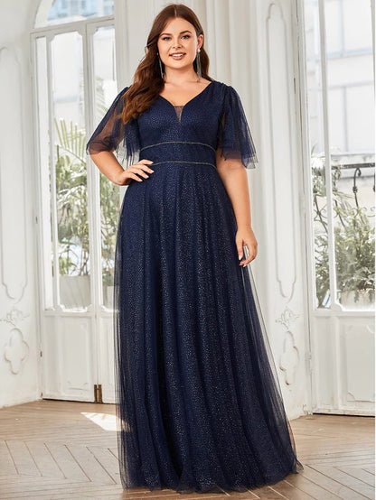 Wholesa Romantic Plus Size Tulle Evening Dress with Deep V Neck