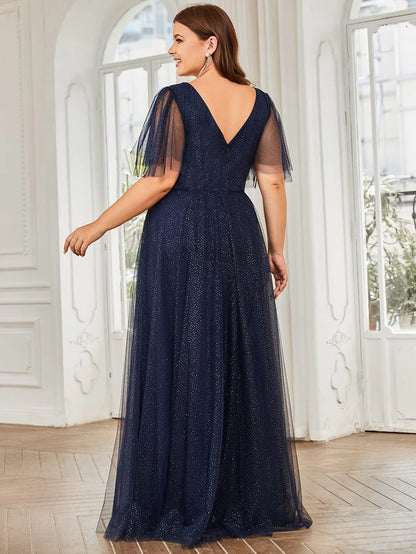 Wholesa Cute Deep V Neck Maxi A-Line Tulle Evening Dress