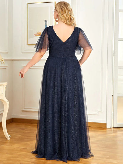 Wholesa Romantic V Neck Tulle Evening Dress with Ruffle Sleeves