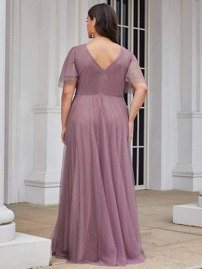 Wholesa Romantic Plus Size Tulle Evening Dress with Deep V Neck