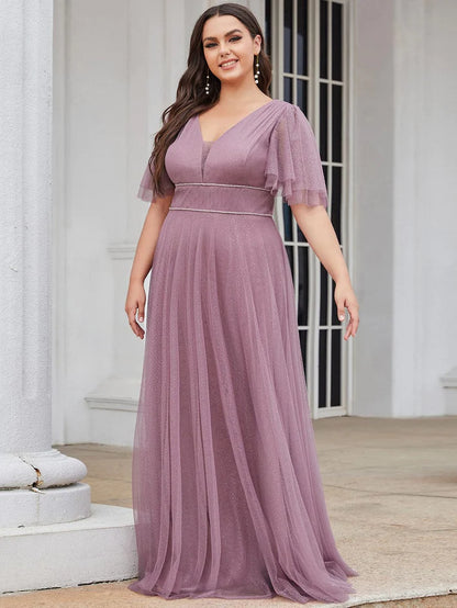 Wholesa Romantic Plus Size Tulle Evening Dress with Deep V Neck