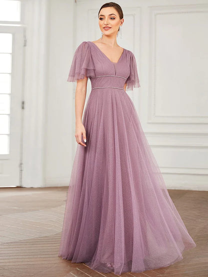 Wholesa Cute Deep V Neck A-Line Tulle Long Wedding Guest Dress