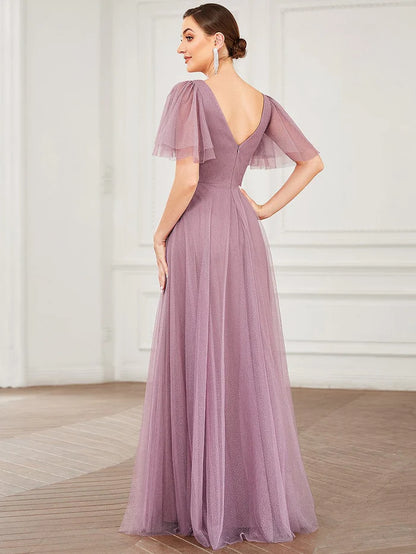 Wholesa Cute Deep V Neck Maxi A-Line Tulle Evening Dress