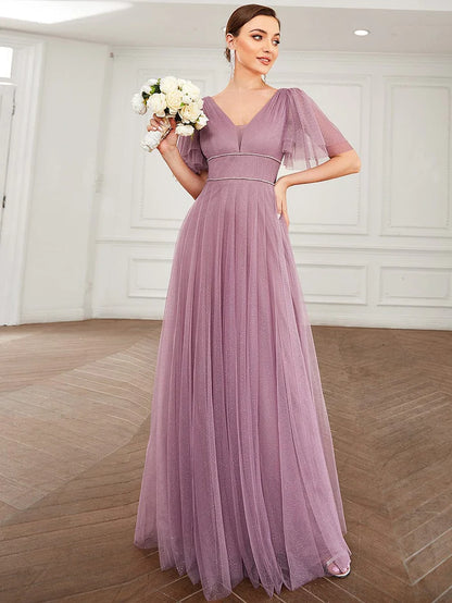 Wholesa Cute Deep V Neck Maxi A-Line Tulle Evening Dress