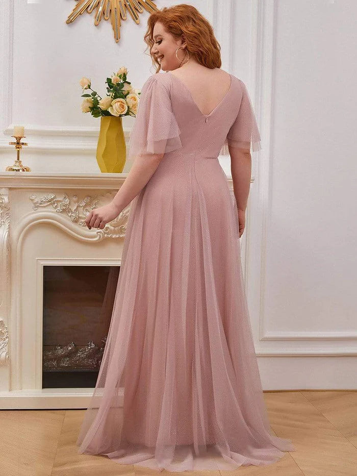 Wholesa Romantic Plus Size Tulle Evening Dress with Deep V Neck