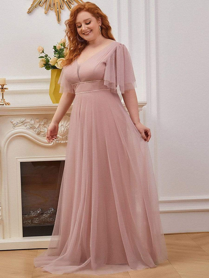 Wholesa Romantic Plus Size Tulle Evening Dress with Deep V Neck