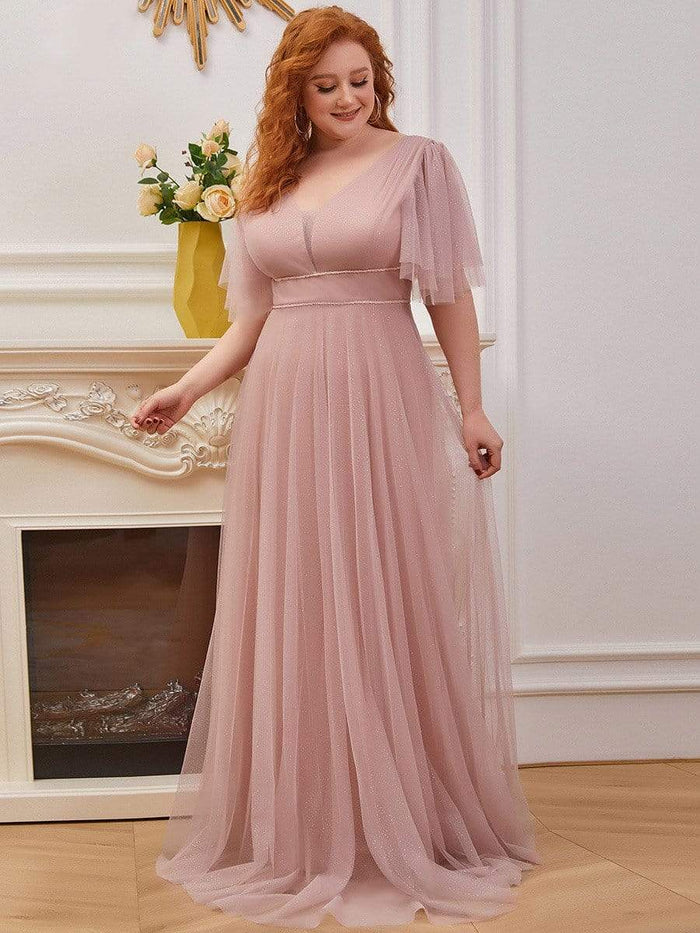 Wholesa Cute Deep V Neck A-Line Tulle Long Wedding Guest Dress