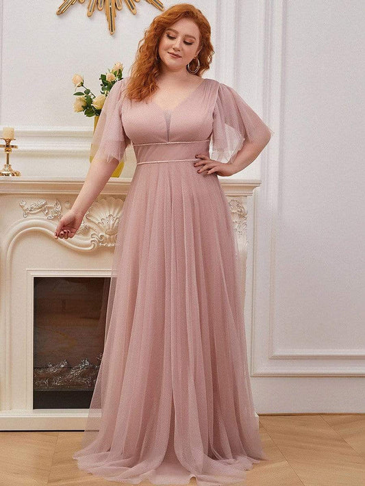 Wholesa Romantic Plus Size Tulle Evening Dress with Deep V Neck