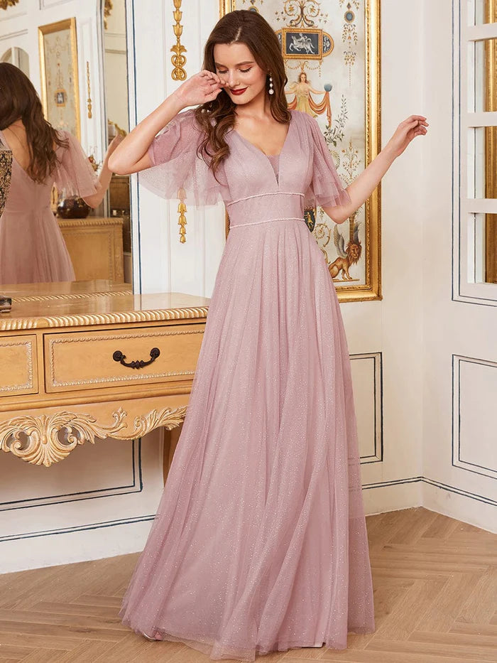 Wholesa Cute Deep V Neck Maxi A-Line Tulle Evening Dress