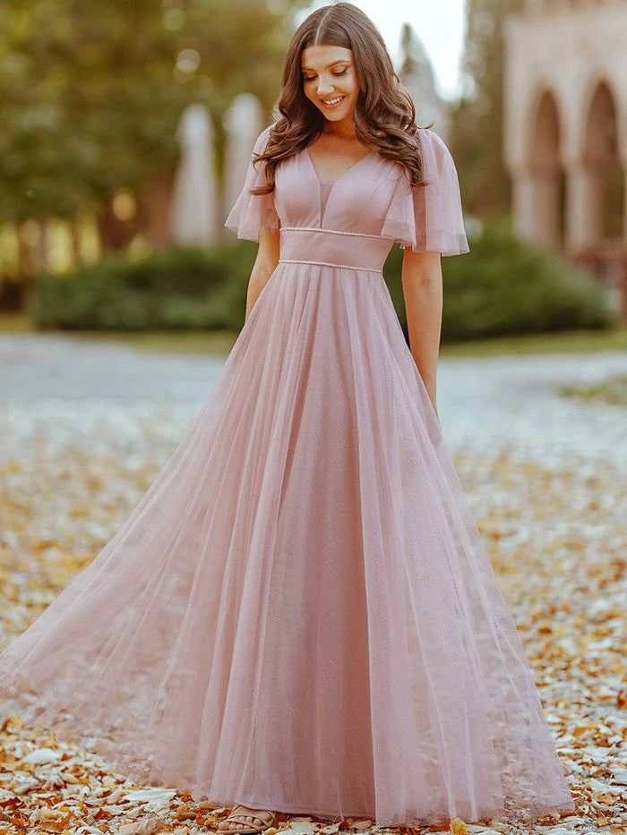 Wholesa Cute Deep V Neck A-Line Tulle Long Wedding Guest Dress