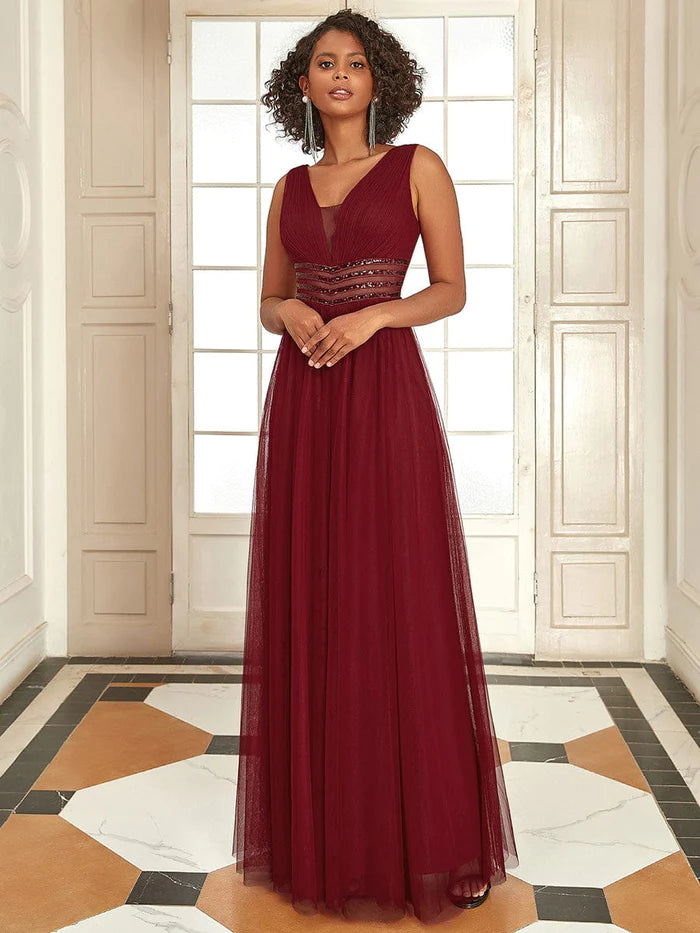 Wholesa Sleeveless V Neck Sequin Long Evening Dress