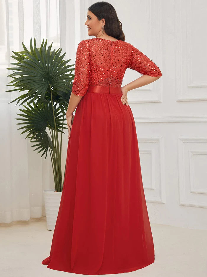 Wholesa 3/4 Sleeves Round Neck Sparkling Evening Dress With Sequin