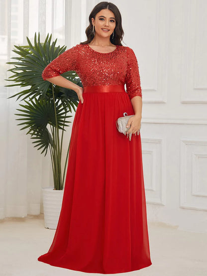 Wholesa 3/4 Sleeves Round Neck Sparkling Evening Dress With Sequin