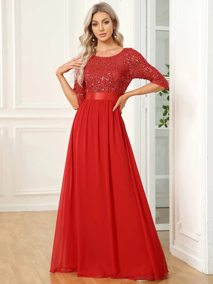 Wholesa 3/4 Sleeves Round Neck Sparkling Evening Dress With Sequin