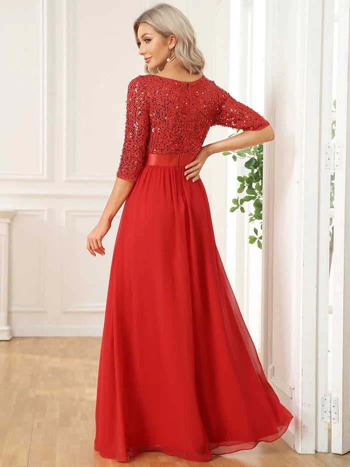 Wholesa 3/4 Sleeves Round Neck Sparkling Evening Dress With Sequin