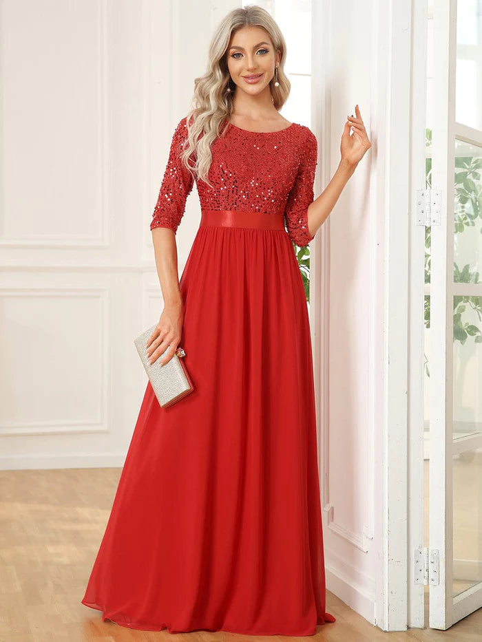 Wholesa 3/4 Sleeves Round Neck Sparkling Evening Dress With Sequin