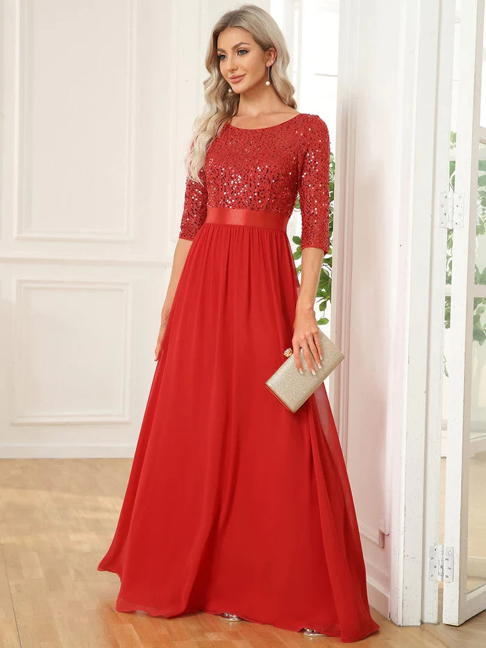 Wholesa 3/4 Sleeves Round Neck Sparkling Evening Dress With Sequin