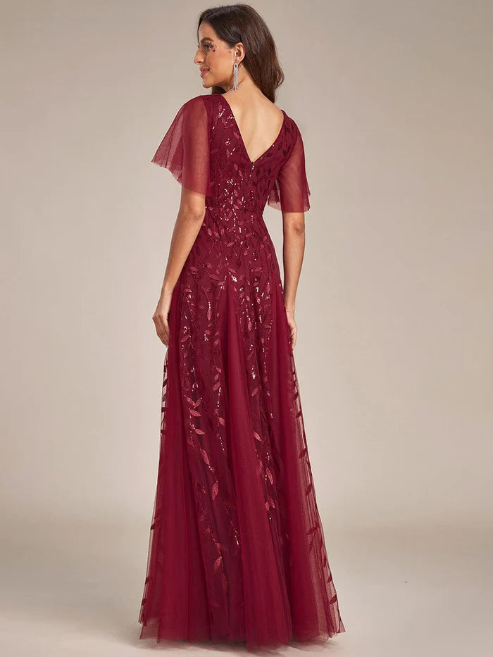 Wholesa Romantic Shimmery V Neck Ruffle Sleeves Maxi Long Evening Gowns