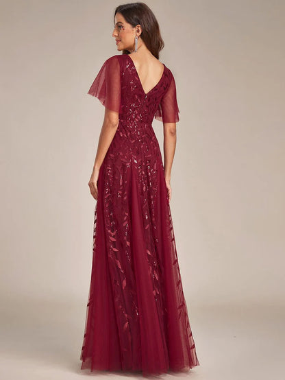 Wholesa Shimmery V Neck Ruffle Sleeves Sequin Maxi Long Evening Dress