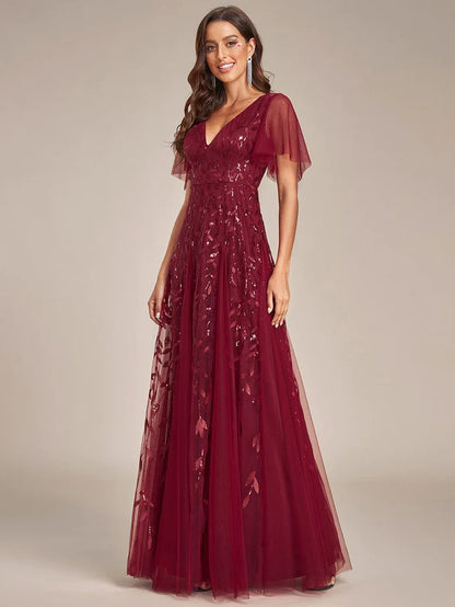 Wholesa Shimmery V Neck Ruffle Sleeves Sequin Maxi Long Evening Dress