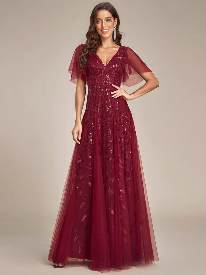 Wholesa Romantic Shimmery V Neck Ruffle Sleeves Maxi Long Evening Gowns