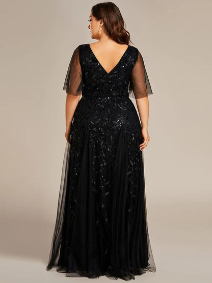 Wholesa Romantic Shimmery V Neck Ruffle Sleeves Maxi Long Evening Gowns